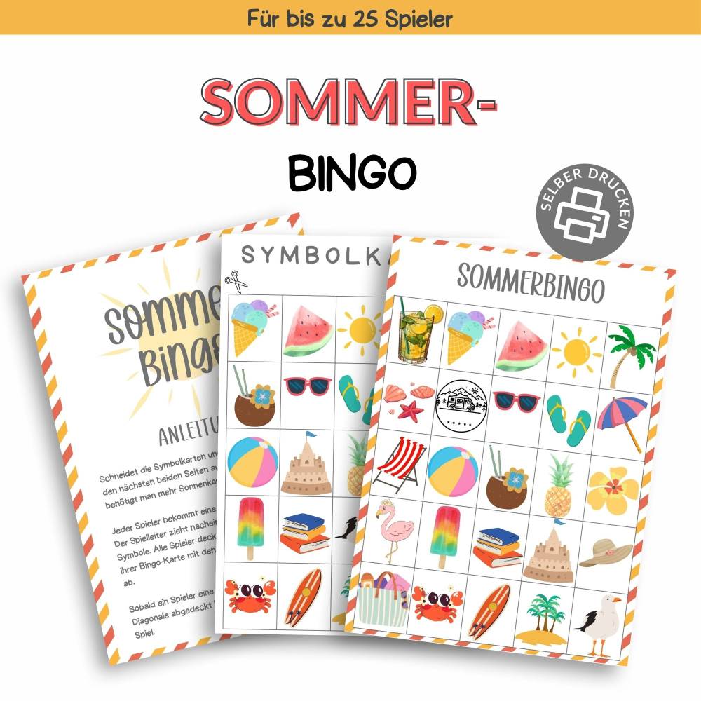 Bingo für den Sommer Druckvorlage - Sommerbingo zum Selberdrucken - Lotto zum Ausdrucken - Digitaler Download Bild 1