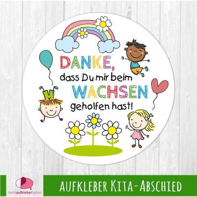 Aufkleber Kindergarten Abschied | Danke, dass Du mir beim Wachsen geholfen hast - Kinder mit Regenbogen