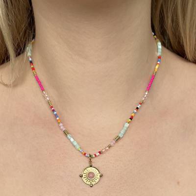 Perlenkette Boho Rosenquarz Sonne bunte Neon Glas Seeds Perlen Kette