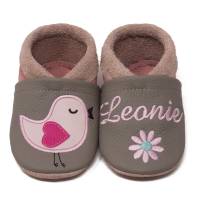 Krabbelschuhe mit Namen, Spatz, Lederpuschen personalisiert, Echtleder, Kindergartenschuhe personalisier