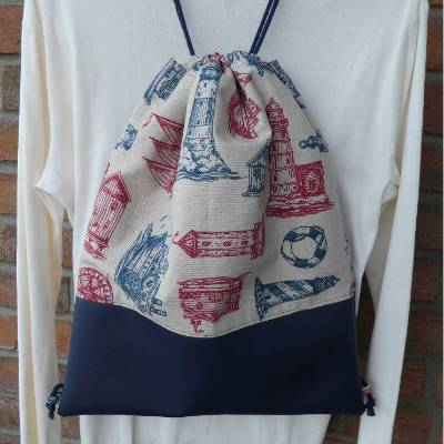 Genähter Rucksackbeutel - blau-beige-rot, Motiv: Maritim