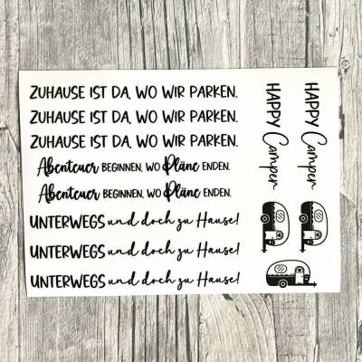 Rub Ons I Rub-On Modern "Camper" A5, Motivfarbe schwarz, RANDLOS, z.B. f. Raysin / Keraflott, Camping