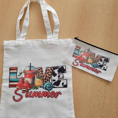 Tragetasche groß und kleine Tasche als SET ,Baumwolle - Tasche, Shoppen, LOVE Summer -Motiv