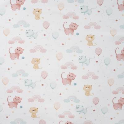 ♕ weißer Jersey mit Katzen Luftballon und Regenbogen pastell 50 x 145 cm Stoff ♕