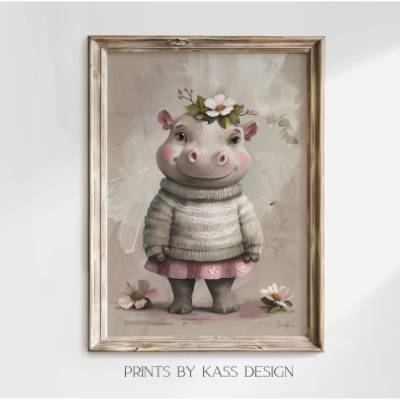 Illustration Hippo Mädchen, digitaler Kunstdruck
