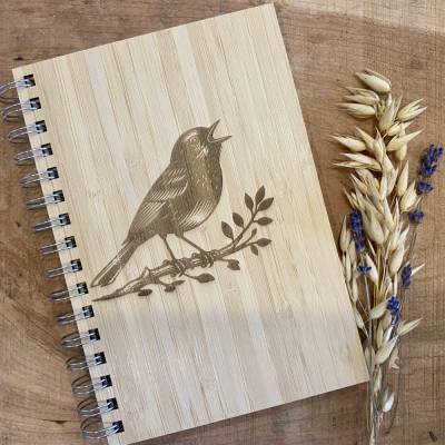 Bambus Notizbuch A5 Singvogel Gravur Wunschname