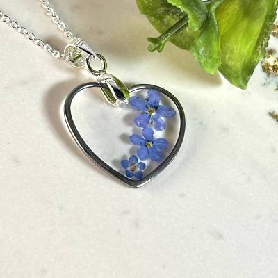 Vergissmeinnicht Blüten Herzanhänger aus Edelstahl mit Harz ,925 Sterlingssilber Kette ,Lünette,Geschenk,Blütenschmuck