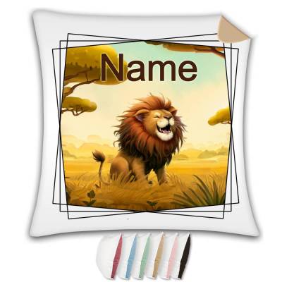 Kissen mit Name / Kissenbezug mit Füllung / satiniert oder kuschlig auch mit farbiger Rückseite / Löwe 