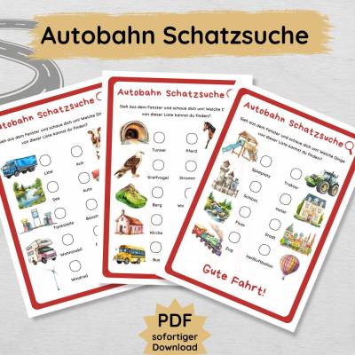 Autobahn Schatzsuche für Kinder zum Ausdrucken, ideale Beschäftigung für lange Autofahrten