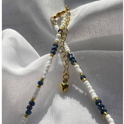 Set Perlenkette & Perlenarmband Weiß,Blau&Gold