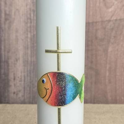 Taufkerze  - "Fisch" glitzernd mit Goldener Schrift und Verzierung - Personalisierbar - (T72)