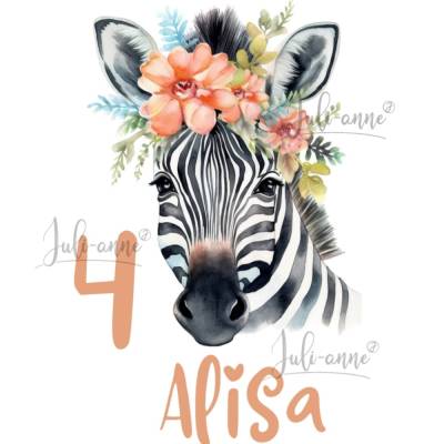 Bügelbild GEBURTSTAG Zebra mit Blumen personalisiert Zahl & Name 