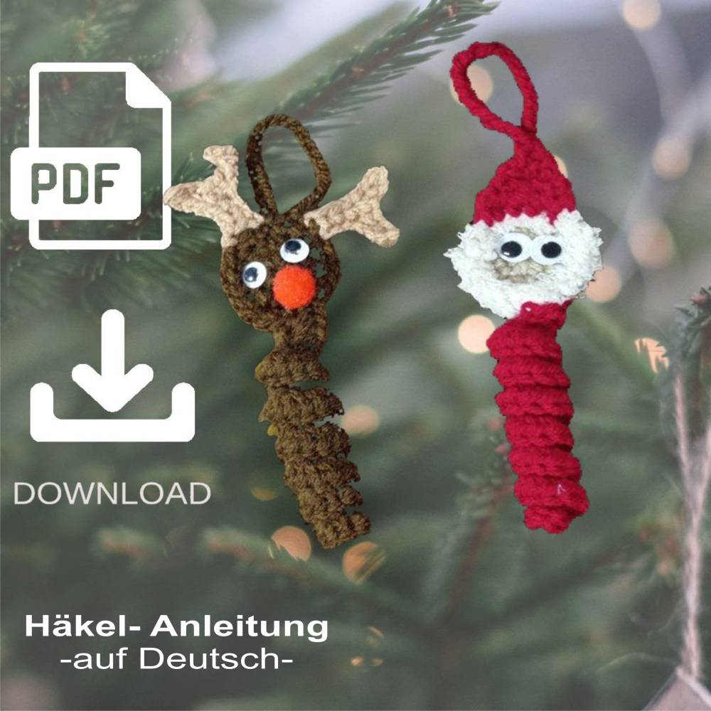 Zwei Häkelanleitungen, Weihnachtsmann und Rentier Glückswürmchen Bild 1