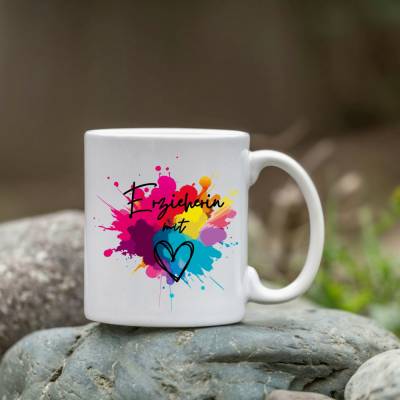 Keramiktasse "Erzieherin mit Herz " auf bunten Motiv als Geschenk | Danke | Abschied