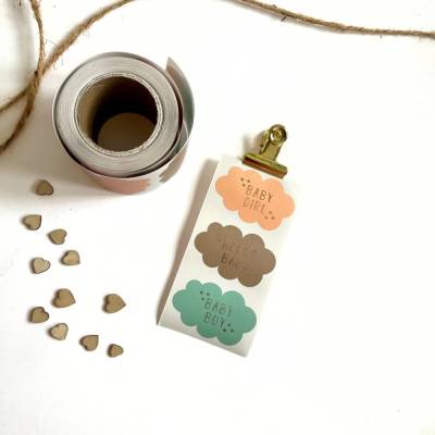 Aufkleber BABY in BEIGE TÜRKIS LACHS Geschenkaufkleber Goldeffekt zur Geburt für Jungs und Mädchen