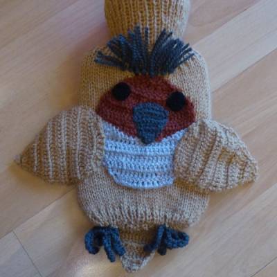 Gestrickter Wärmflaschenbezug inkl. Wärmflasche (klein) - Vogel - Braun-Grautöne