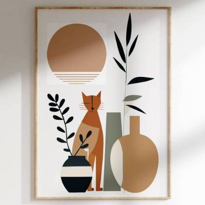 Stillleben mit Katze | modern, minimalistisch | Boho Retro Bild | Druckbarer Digitaler Download | Poster selber drucken