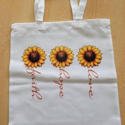 Tragetasche, Einkauftasche mit schönem Motiv." Hope Love Faith" mit Sonnenblumen.