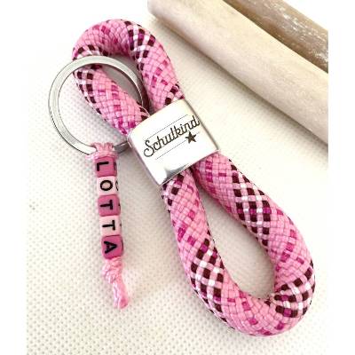 Schulkind Schlüsselanhänger aus Segelseil, Zwischenstück: "Schulkind", pink/rosa/beere
