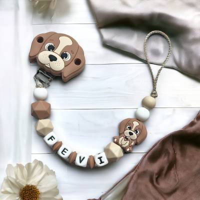 Schnullerkette Nuggikette personalisiert mit Namen Silikon braun beige Hund