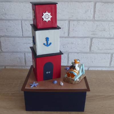 Handgefertigte Geschenkverpackung / Schachtel aus Pappe, Papier und Buchleinen - Leuchtturm - Strandurlaub