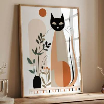 Stillleben mit Katze | modern, minimalistisch | Boho Retro Bild | Druckbarer Digitaler Download | Poster selber drucken