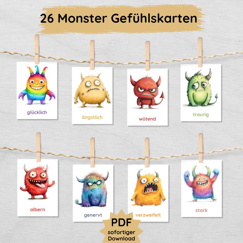 Monster Gefühlskarten für Kinder mit 26 Emotionen Bild 1