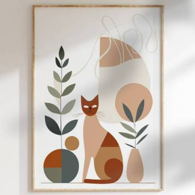 Stillleben mit Katze | modern, minimalistisch, neutral, beige | Boho Retro Wandkunst| Druckbarer Digitaler Download