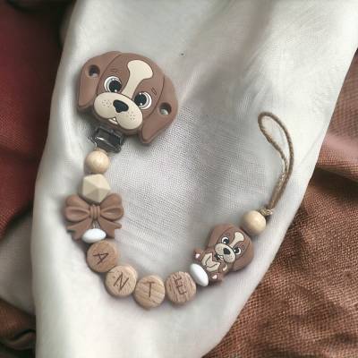 Schnullerkette personalisiert Nuggikette mit Namen Holz Silikon Hund