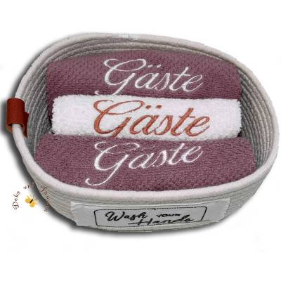 Besticktes Gästehandtuch-Set 3 Gästetücher im Bad-Utensilo Seilkorb mit gesticktem Text Geschenkidee