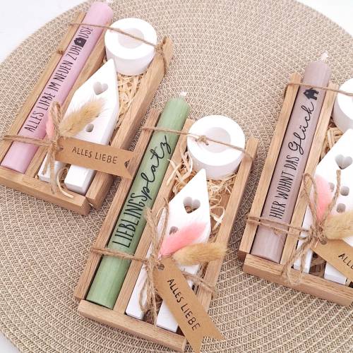 Geschenk zum Einzug | Kerzenset mit Haus/Lichthaus & Kerzenhalter rund | Einweihung, Umzug, Richtfest