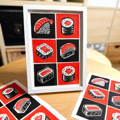 Sushi Linoldruck auf handgeschöpftem Büttenpapier – Japanischer Flair