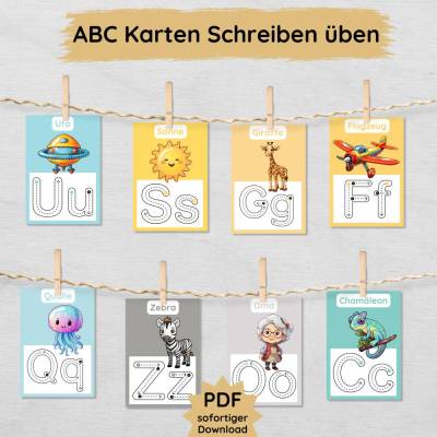 ABC Schreiben lernen Buchstaben Karten für Kinder, Alphabet Schwungübung PDF Vorlage