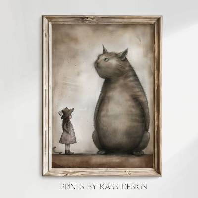 Illustration große Katze und Mädchen vintage, digitaler Kunstdruck