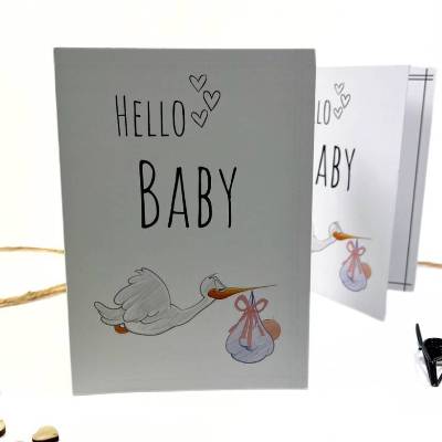 Faltkarte zur Geburt DIN A6 Grußkarte faltbar neutrale Geschenkkarte Storch mit Baby weiss