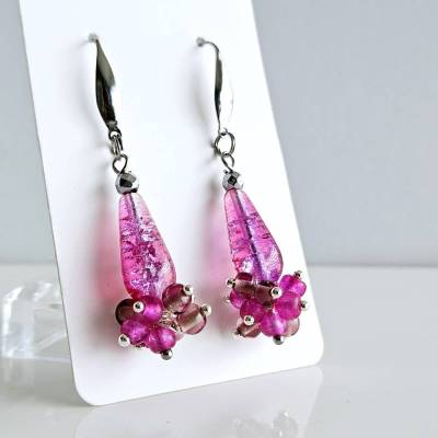 Hängeohrringe pink, lange bunte Ohrringe, ausgefallene Ohrringe, Boho Ohrringe