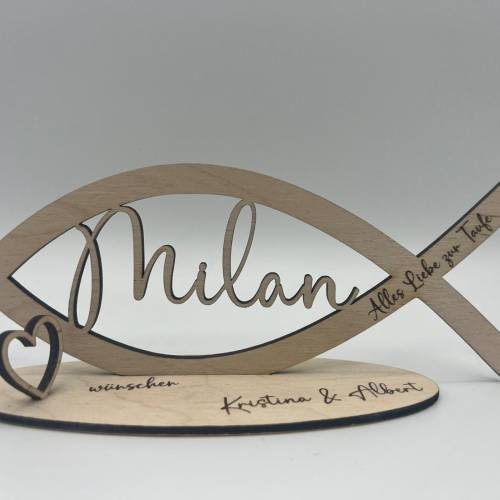 Geldgeschenk zur Taufe aus Holz – Fisch mit Wunschname & Gravur | Geschenkidee Kommunion, Konfirmation, Jugendweihe