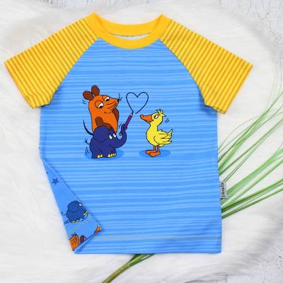 T-Shirt | Maus Ente und Elefant in Love | Die Sendung mit der Maus | blau | gelb | Raglanshirt | kurzarm | langarm 