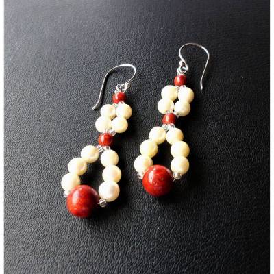 Statement Ohrhänger mit Koralle & Zuchtperle – Handgemacht, 7,5 cm, Unikat von Elfe Schmuck Design