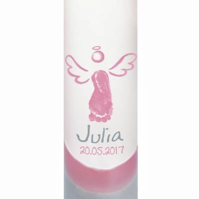Eigener Fußabdruck rosa grau - Taufkerze mit Engel