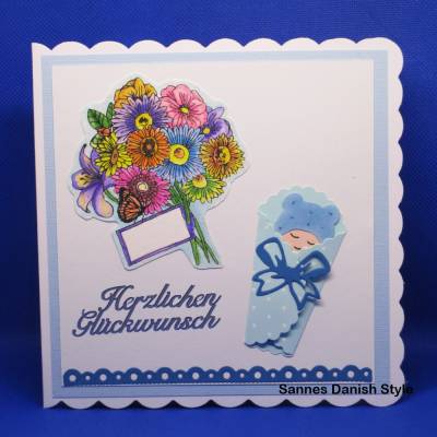 Handgemachte Taufkarte & Geburtskarte Junge mit Blumenstrauß – Babykarte 15x15cm