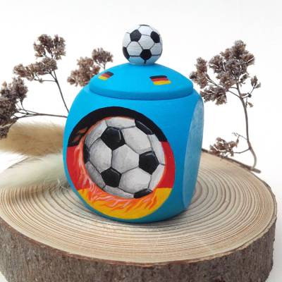 Milchzahndose Zahndose mit Fußball, Schatzdose handbemalt mit Wunschtext, blau
