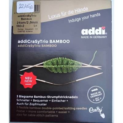 addi CraSYTrio Bamboo, Strumpfstricknadeln/Nadelspiel aus Bambus, Stärke 2,0mm, Länge 24cm, Made in Germany