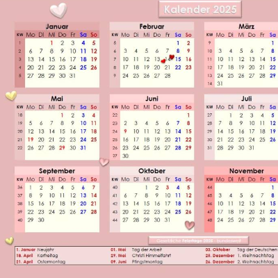 Jahreskalender 2025 auf einen Blick in Roséfarben PDF – DIN A4 zum Ausdrucken