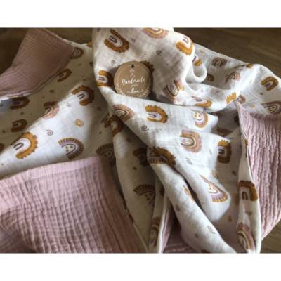 Baby Kuscheldecke/ Schmusetuch Musselin Regenbogen rosé Geschenk Geburt neu