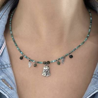Charm Anhänger aus 925 Sterling Silber mit Arizona Türkis & Tibet Türkis – Handgefertigte Blumen und Blätter Edelstein Halskette