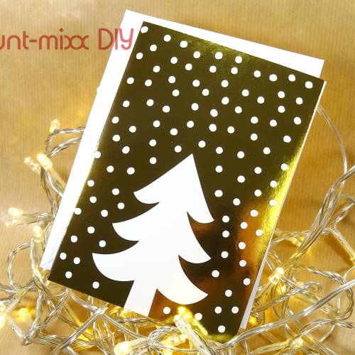 5 Karten mit Umschlag, Weihnachtskarten Klappkarten Tannenbaum. goldfarben glänzend, Weihnachtsbaum, Schneeflocken, Bunt