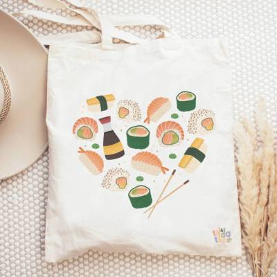 Stofftasche Sushi Herz Nigiri Jutebeutel - Einkaufstasche Sushi - Geschenk Jutetasche Sushilover Geschenk - Geschenkidee