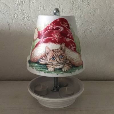 Teelichtofen Teelichtkamin für Balkon und Terrasse , inkl 3 Teelichter - Katze unter Weihnachtsmütze