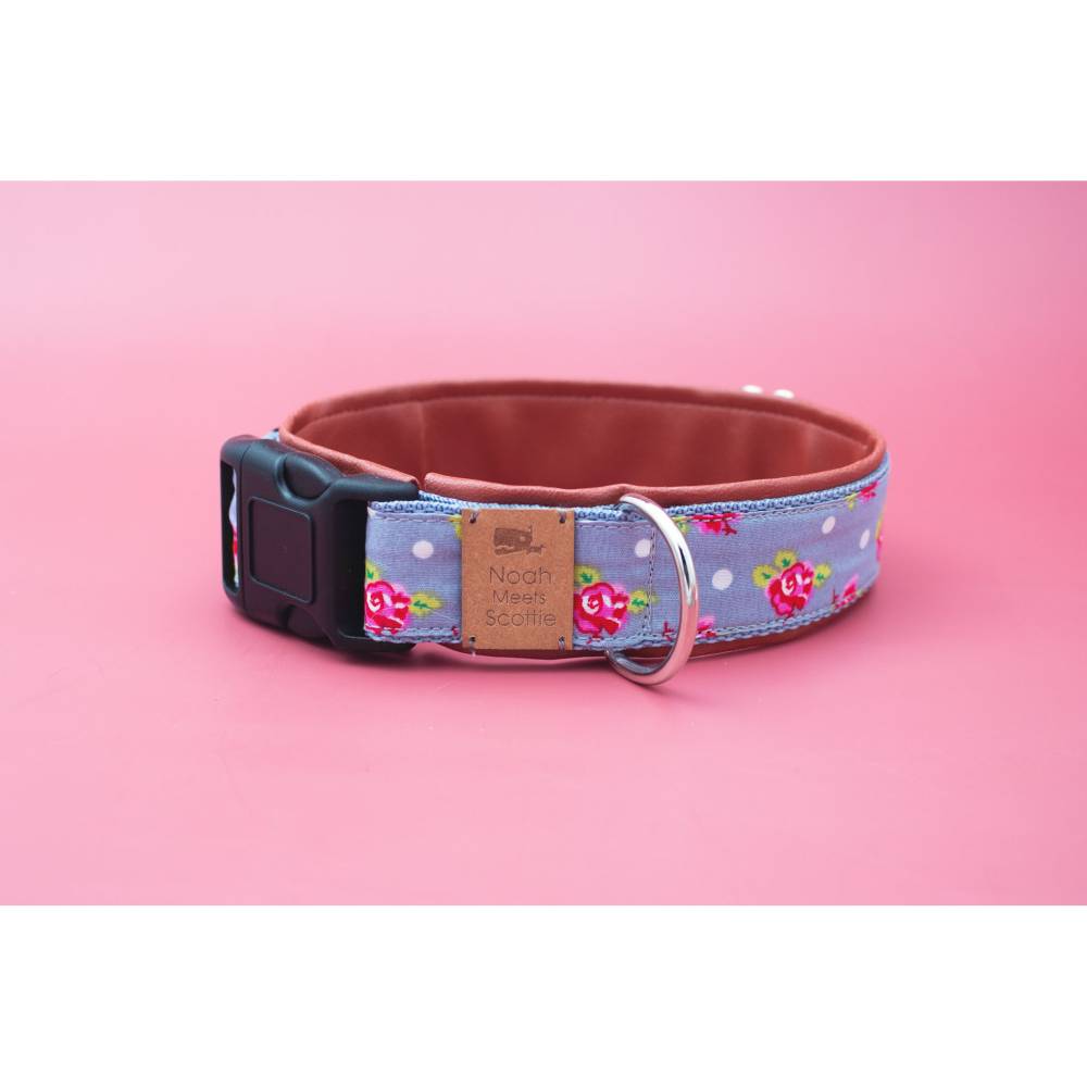 Hundehalsband oder Hundegeschirr LOTTA - Graues Halsband mit weien  Punkten, Rosen